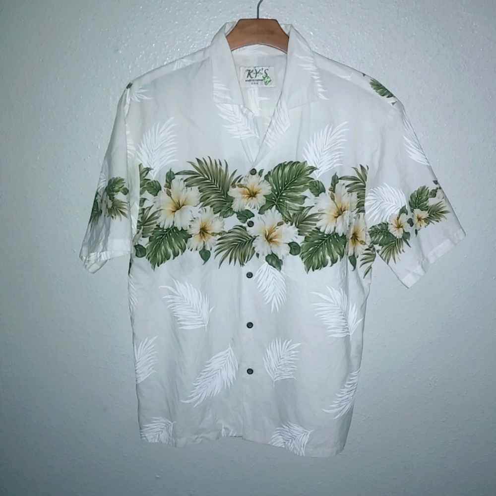 KY's of Hawaii M Mens Plumeria Cotton Aloha Shirt